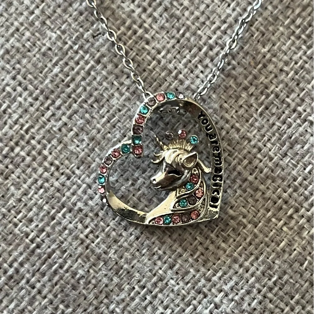 Unicorn & Heart Pendant Necklace with Crystal Accents You Are Magical” Engraving